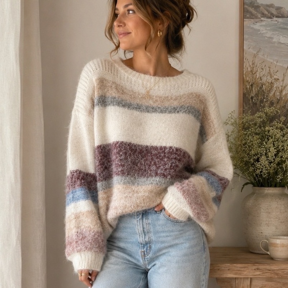Gentle Fawn Soft Striped Oversized Knit Sweater Cream Mauve Size S Cottagecore